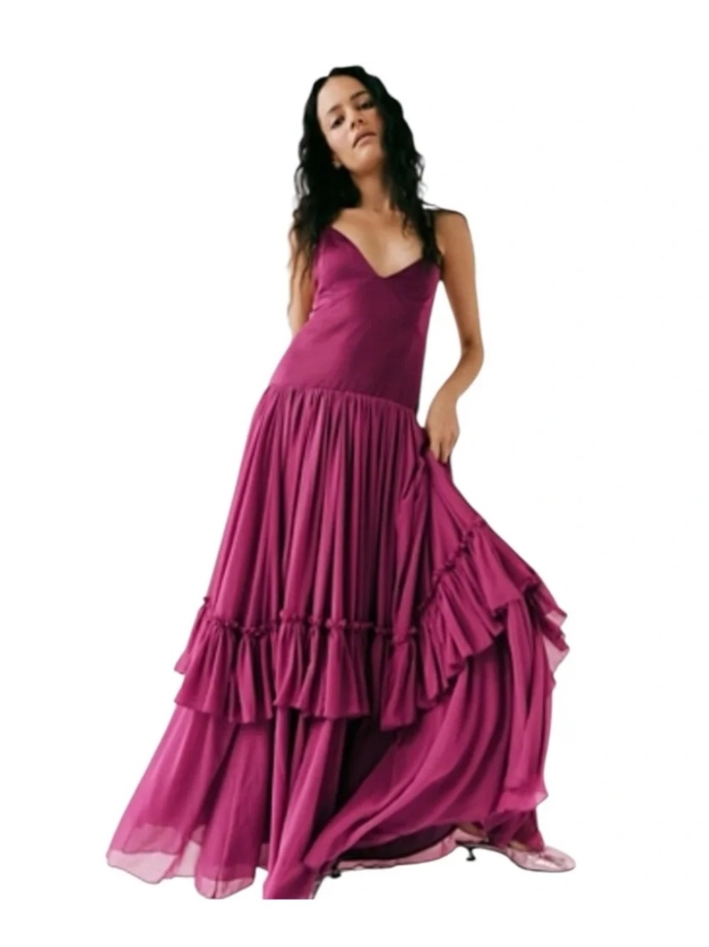 Free People Soliana Plum Drop Waist Tiered Maxi Dress Medium Excellent Condition